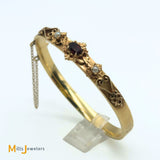 14K Yellow Gold Garnet and Seed Pearl Hinged Bangle Bracelet