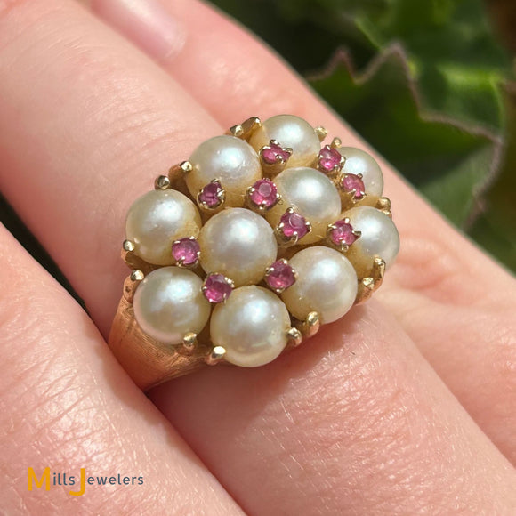 Vintage 14K Yellow Gold 0.3ctw Ruby and 7.7ctw Cultured Pearl Cluster Ring Size 5