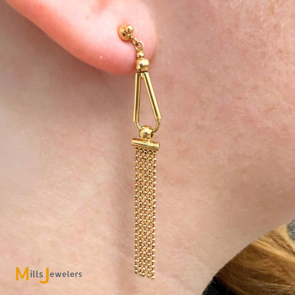 14K Yellow Gold Beaded Geometric Tassel Dangle Earrings