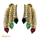 14k Yellow Gold 0.84ctw Diamond Ruby Sapphire Emerald Multi-Row Cluster Drop Earrings