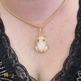 18K & 14K Yellow Gold Large 3.65ctw Diamond Frog Dangle Pendant With Emerald Eyes
