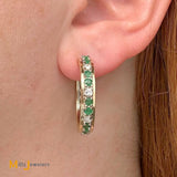 14k Yellow Gold 0.32ctw Diamond and 1.20ctw Emerald Hoop Earrings