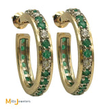 14k Yellow Gold 0.32ctw Diamond and 1.20ctw Emerald Hoop Earrings