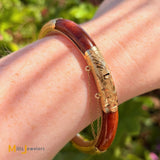 14K Yellow Gold Floral Engraved Orange Brown Jade Hinged Bangle Bracelet