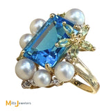 14K Yellow Gold Blue Topaz Pearl Citrine Diamond Cluster Cocktail Ring Size 8.25