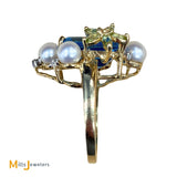 14K Yellow Gold Blue Topaz Pearl Citrine Diamond Cluster Cocktail Ring Size 8.25