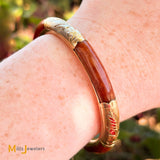 14K Yellow Gold Floral Engraved Orange Brown Jade Hinged Bangle Bracelet