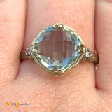 I.REISS 14K Yellow Gold 2.60ct Cushion Cut Prasiolite and 0.03ctw Diamond Cocktail Ring Size 8.5