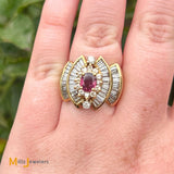Vintage 14K Yellow Gold 0.60ct Oval Ruby 2.65ctw Baguette & Round Brilliant Diamond Cocktail Ring Size 6.25