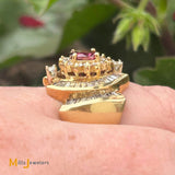 Vintage 14K Yellow Gold 0.60ct Oval Ruby 2.65ctw Baguette & Round Brilliant Diamond Cocktail Ring Size 6.25