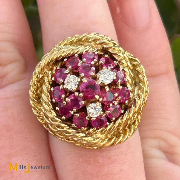 Vintage 18K Yellow Gold 2.25ctw Ruby and 0.33ctw Diamond Braided Nest Cocktail Cluster Ring Size 5