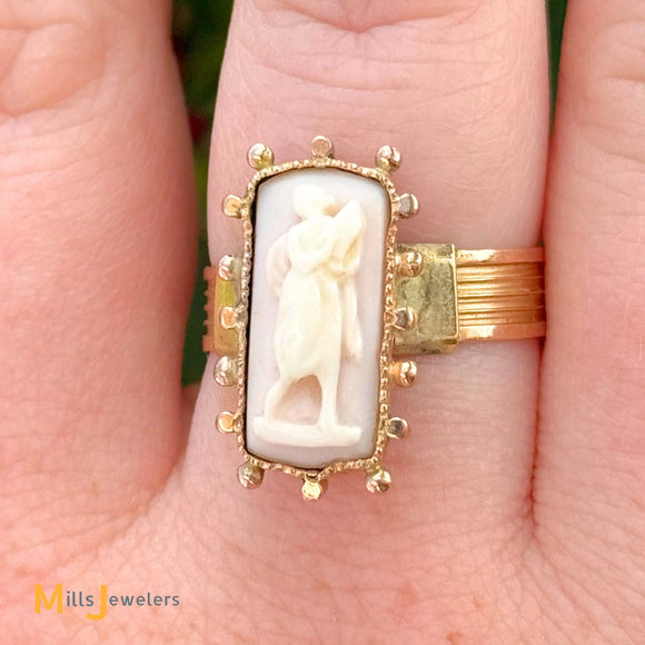 Antique 14k Yellow Gold Hand-Carved Coral Cameo Ring Size 8.25