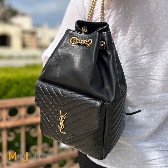 Yves Saint Laurent Black Lambskin Matelasse Monogram Joe Drawstring Backpack