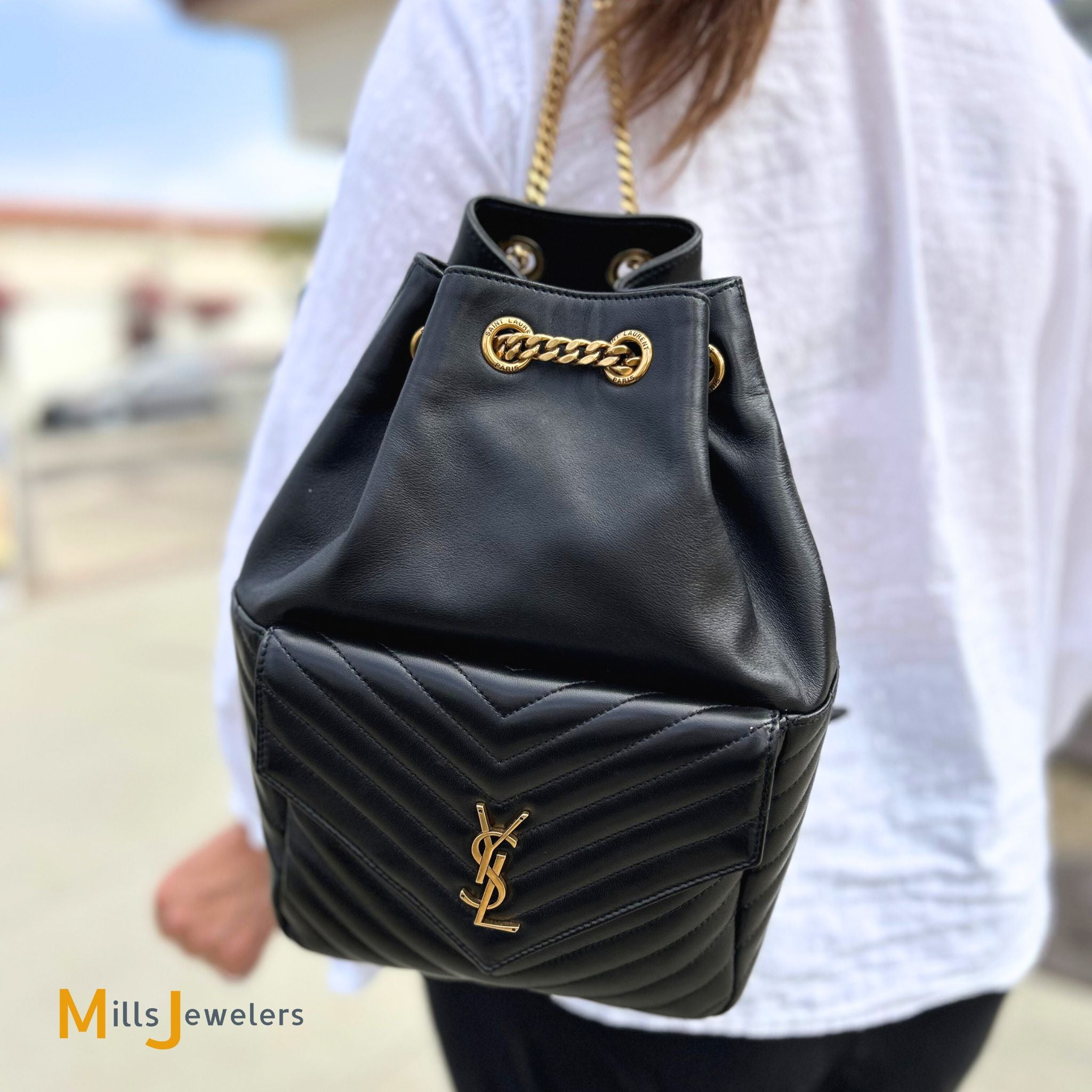 Yves Saint Laurent Black Lambskin Matelasse Monogram Joe Drawstring Ba – Mills Jewelers & Loan