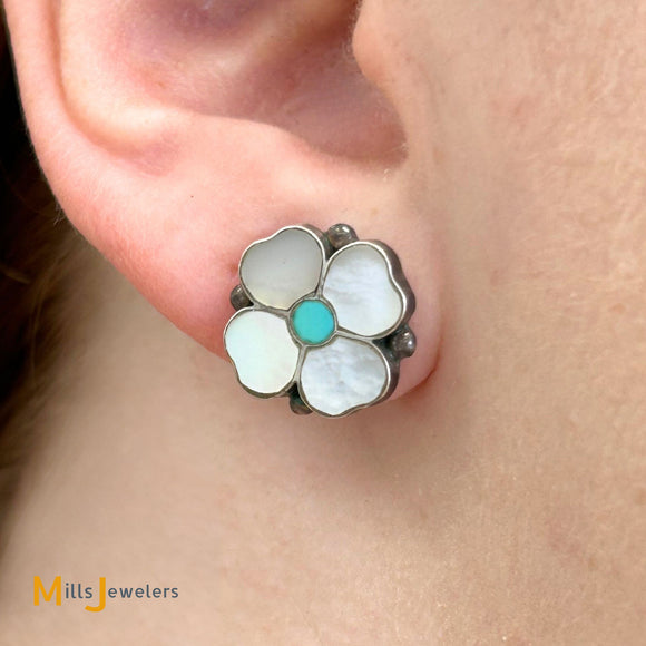 Mother of Pearl & Turquoise Floral Sterling Silver 925 Earrings