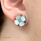 Mother of Pearl & Turquoise Floral Sterling Silver 925 Earrings