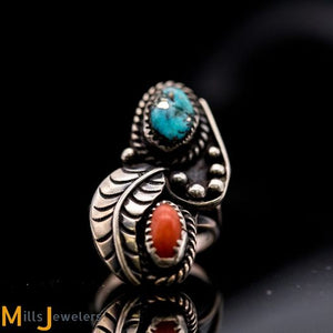 Estate Turquoise Coral  925 Sterling Silver Ring