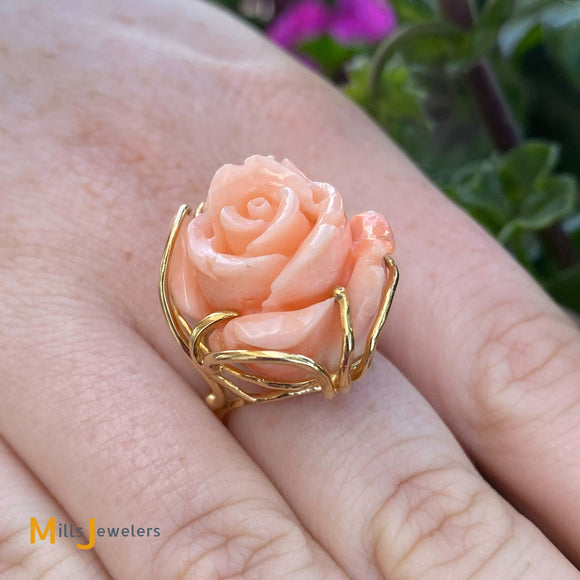 14K Yellow Gold Large Coral Flower Cocktail Ring Size 5.75