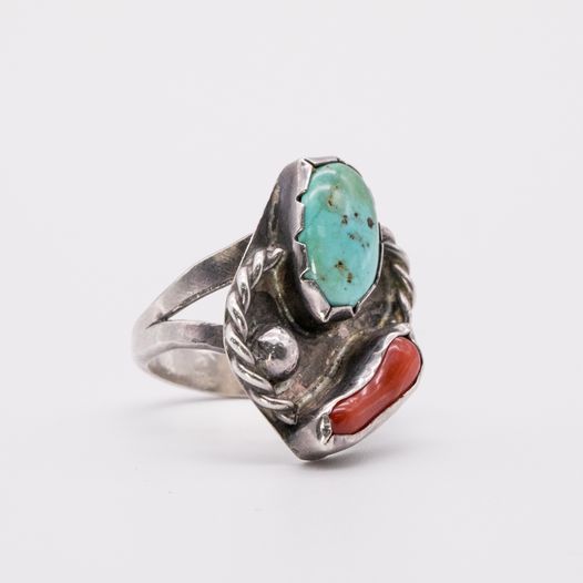 Sterling Silver 925 Coral Turquoise Ring Size 7.5