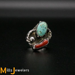 Estate Coral Turquoise 925 Sterling Silver Ring