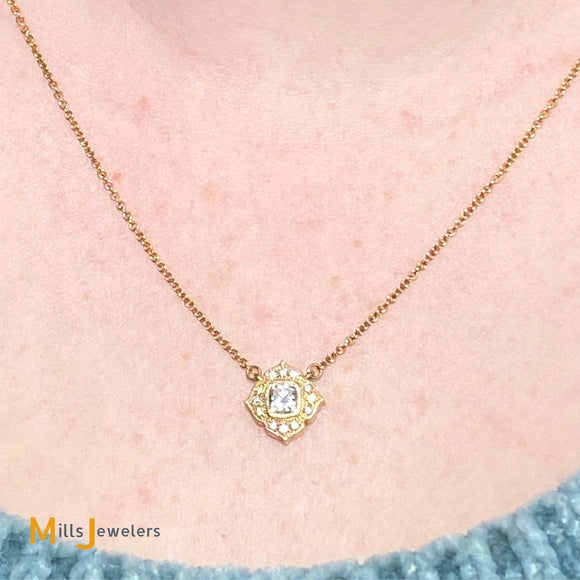 18K Yellow Gold 0.33ct Cushion Diamond 0.16cts Melee Diamond Pendant Necklace