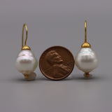 14K Yellow Gold South Sea Pearl Dangle Drop French Hook Earrings