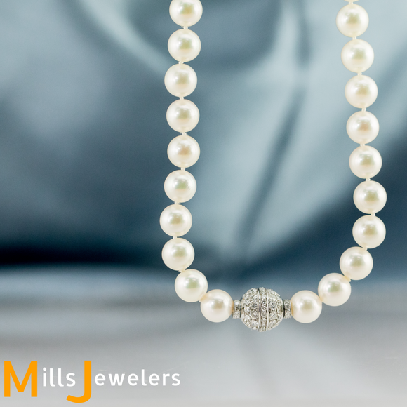 Estate Round South Sea Diamond 18K White Gold Pearl Strand