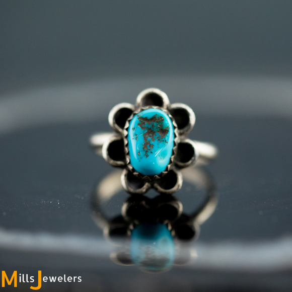 Estate Turquoise 925 Sterling Silver Flower Ring