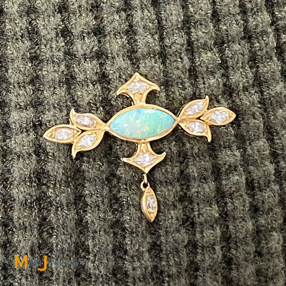 18K Yellow Gold Australian Fire Opal 0.90cts Marquise Diamond Pin