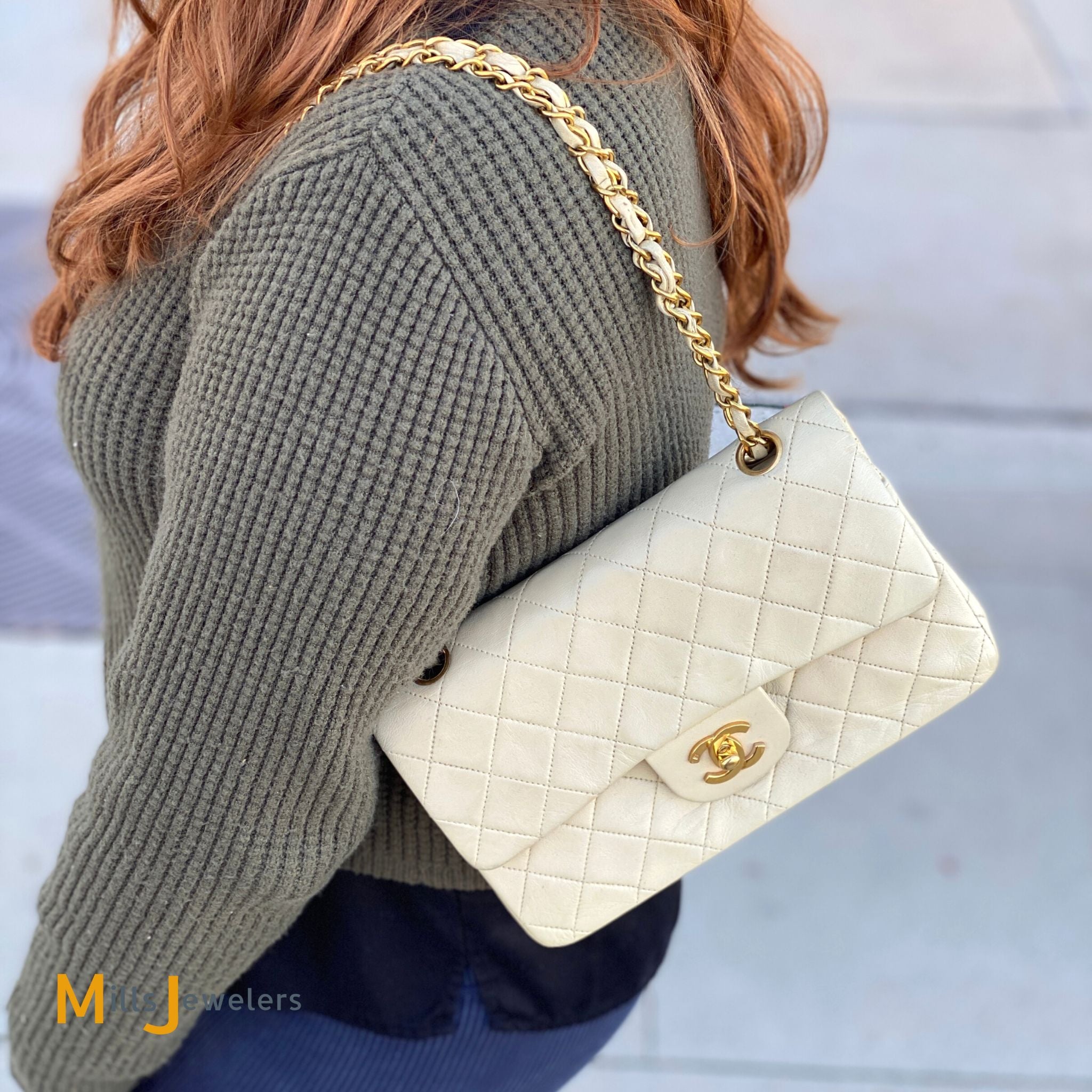 Chanel Vintage Classic Double Flap Handbag Beige Mills Jewelers