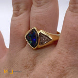 Boulder Opal Trilliant Diamond 18K Yellow Gold Cocktail Ring Size 8.75
