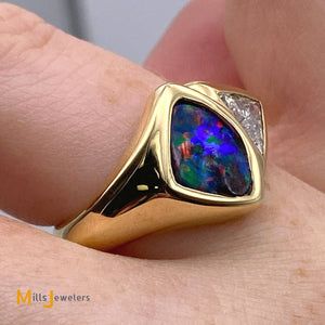 Boulder Opal Trilliant Diamond 18K Yellow Gold Cocktail Ring Size 8.75