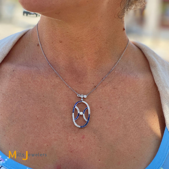 Estate Platinum Diamonds 1.42ctw and Sapphires Deco Necklace