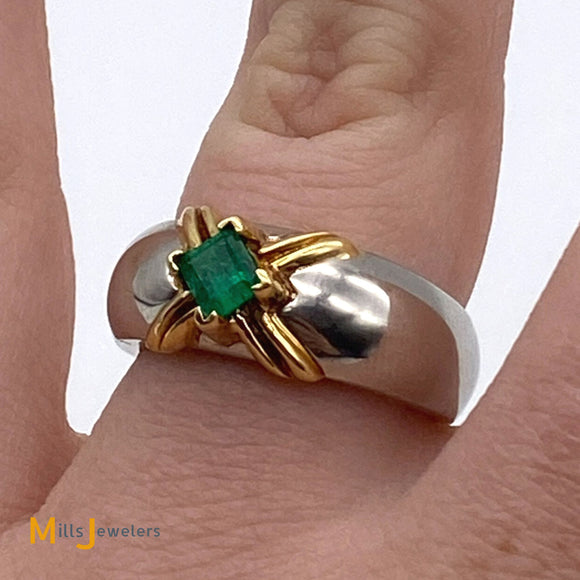 Two-Tone Platinum 18K Yellow Gold 0.35ct Emerald Dome Ring Size 6.75