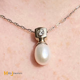 14K White Gold Freshwater Pearl 0.10ct Diamond Pendant Necklace