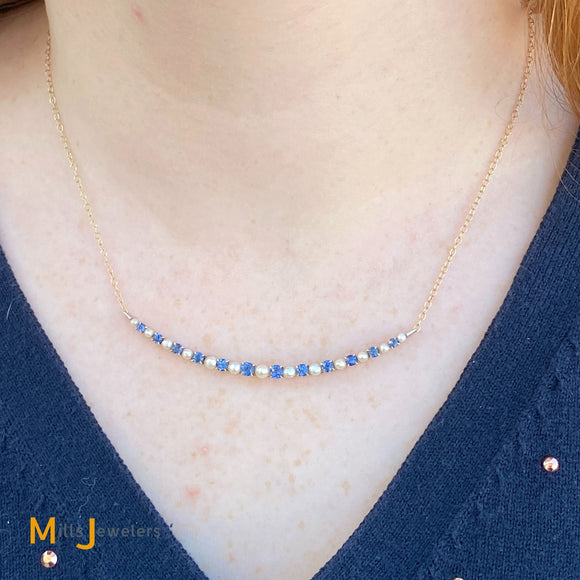 14K Yellow Gold Blue Sapphire Pearl Necklace