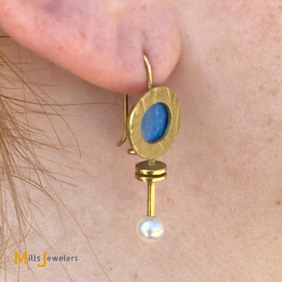 18K Yellow Gold Boulder Opal Pearl Dangle Earrings