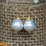 14K Yellow Gold South Sea Pearl Dangle Drop French Hook Earrings