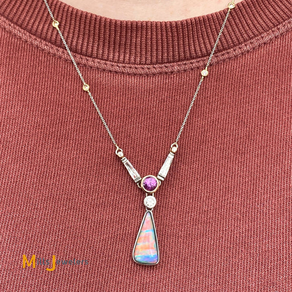 Platinum 1.86ct Opal 1.0ct Pink Sapphire 1.08cts Diamond Pendant Necklace