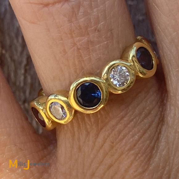 22K Yellow Gold Multicolor Sapphire 1.02cts Diamond Eternity Band Ring Size 7.75