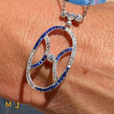 Estate Platinum Diamonds 1.42ctw and Sapphires Deco Necklace