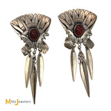Signed Sterling Silver Carnelian Feather Dangle Earrings